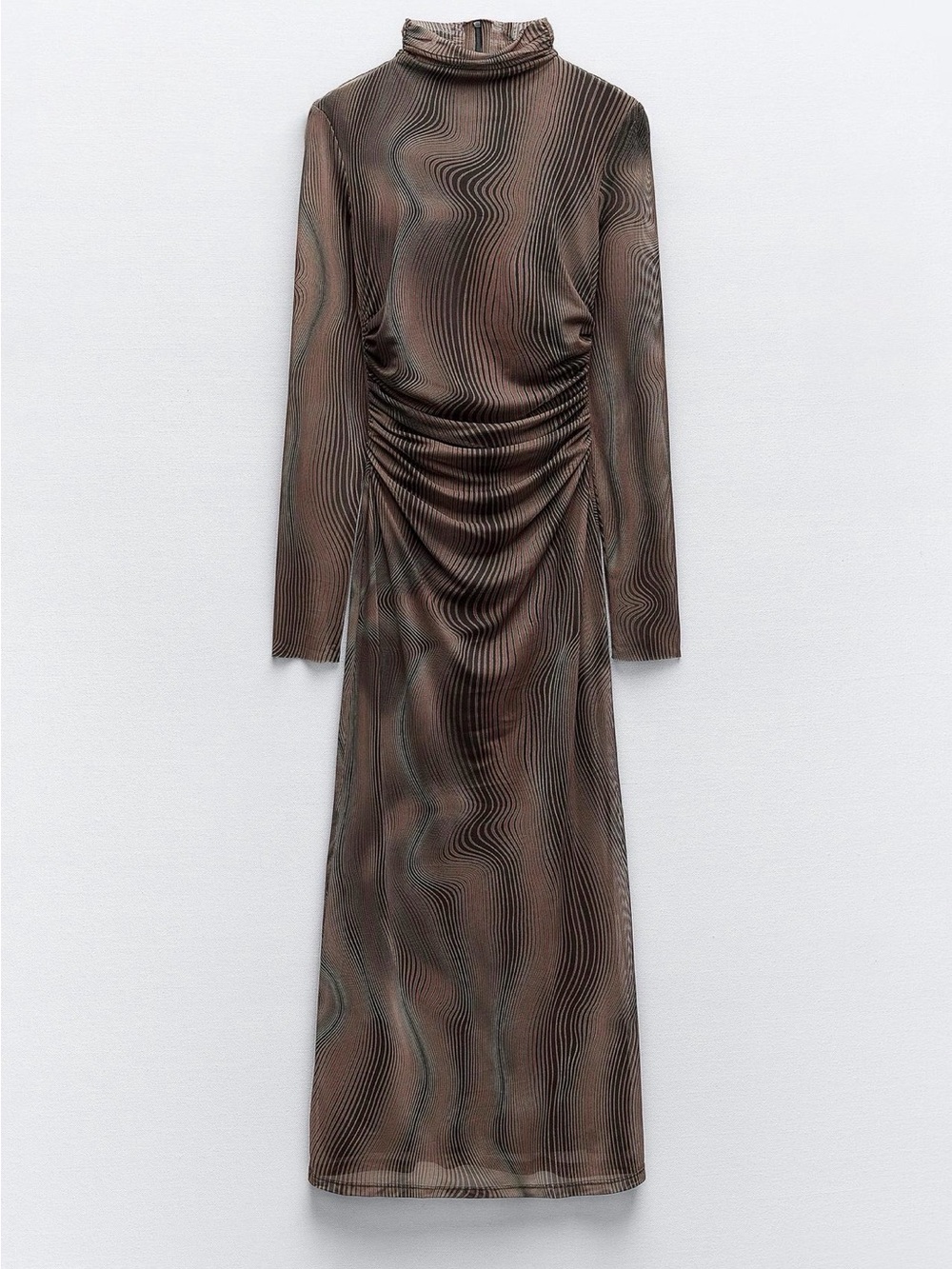 Zara Brown Wave-Print Long Sleeve Midi Dress